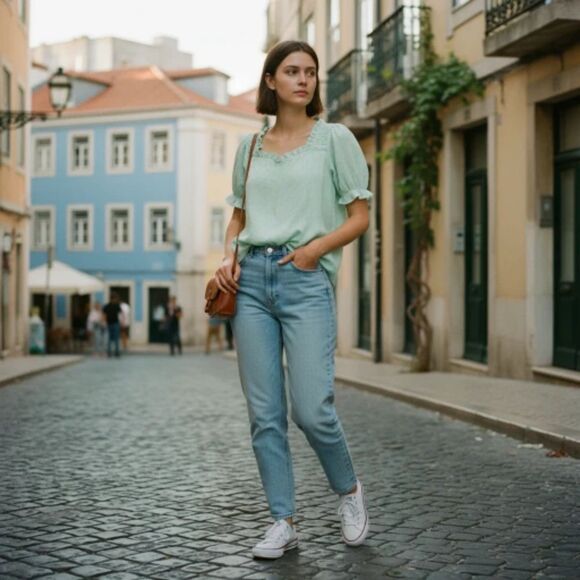 Perch by Blu Pepper Mint Green Short Ruffled Sleeve Top - NWT - Picture 3 of 8